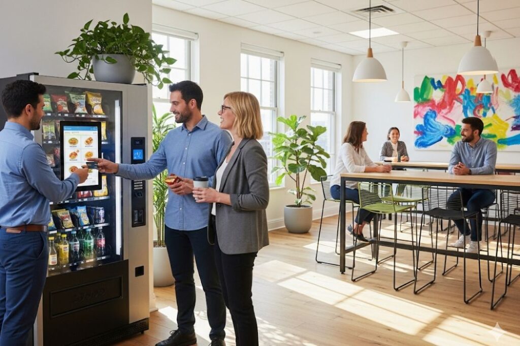 A modern vending machine in a bright office breakroom with employees gathered around it.