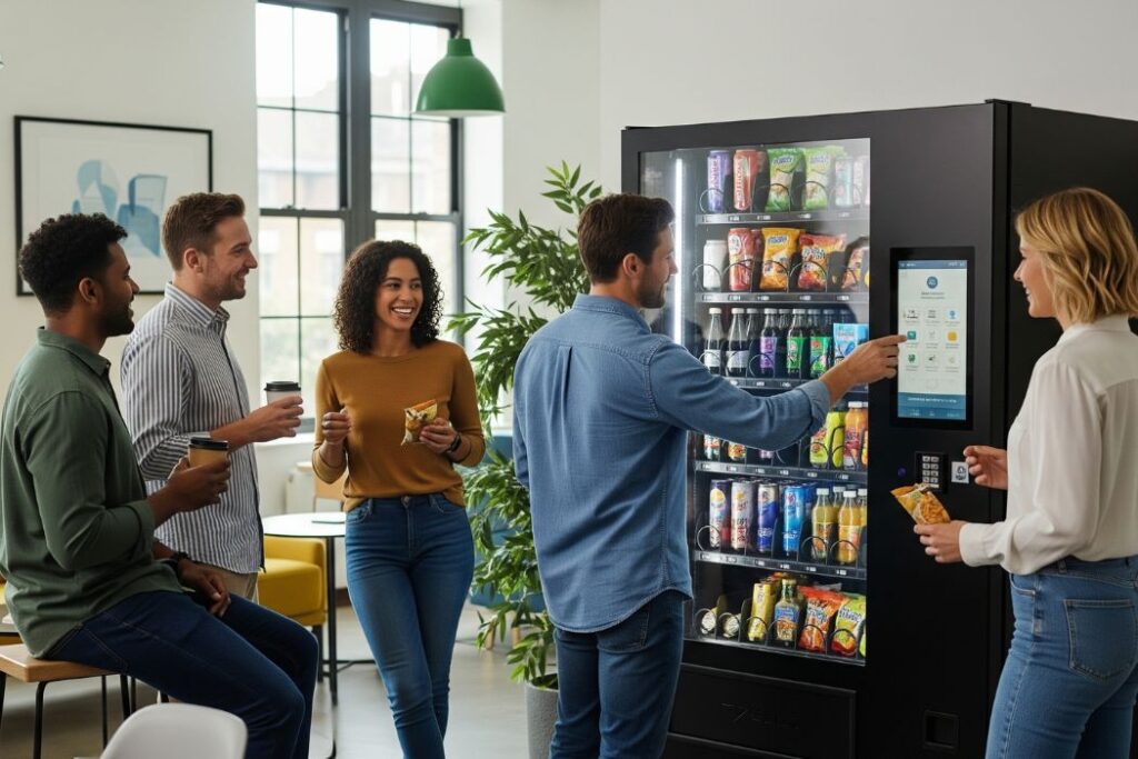 Group of employees using a vending machine in the office breakroom, enjoying snacks and drinks together