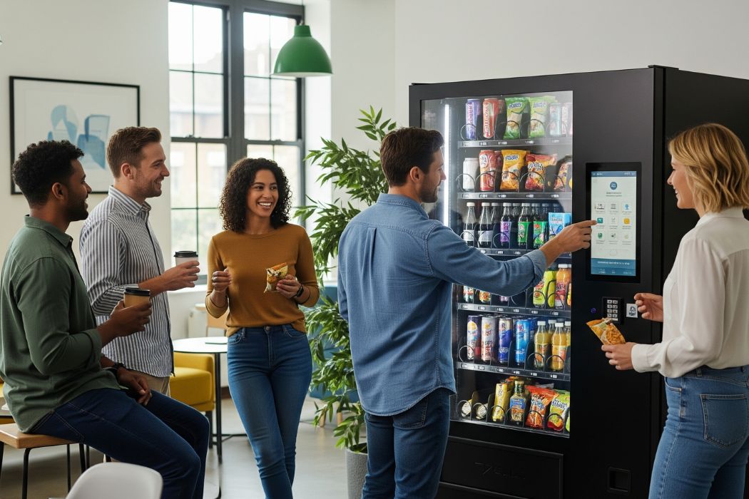 Group of employees using a vending machine in the office breakroom, enjoying snacks and drinks together