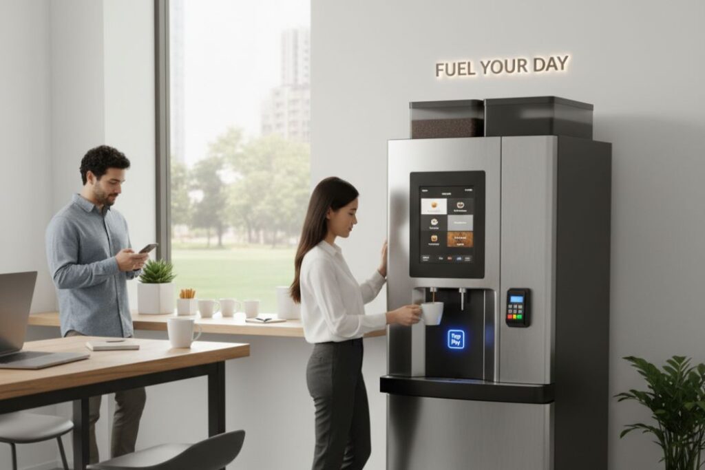 Modern coffee vending machine in a corporate office